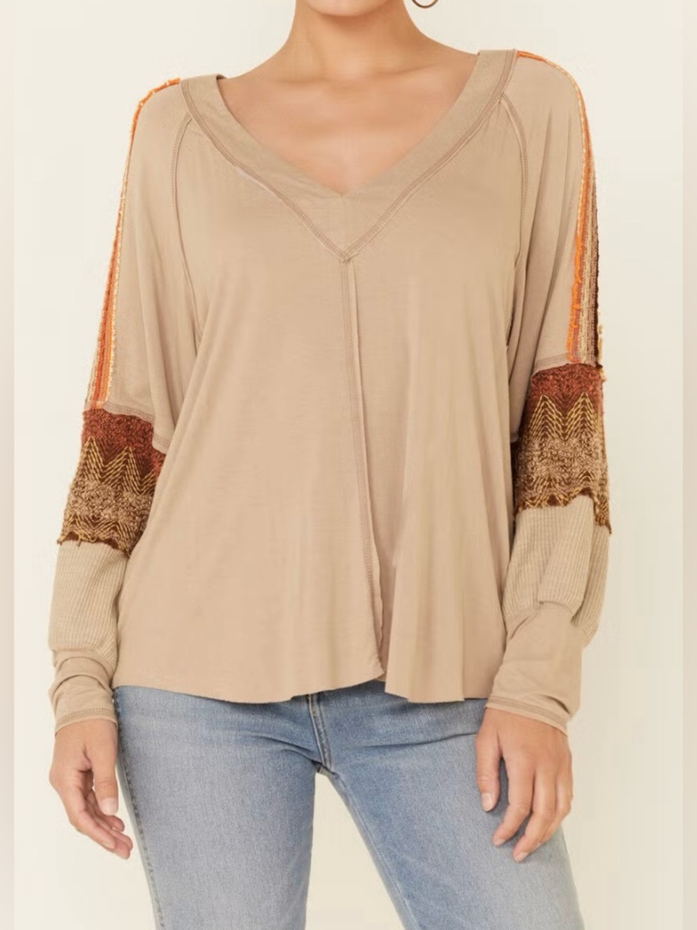 POL Beige V-Neck Multitone Crochet Long Sleeve Top - Size L